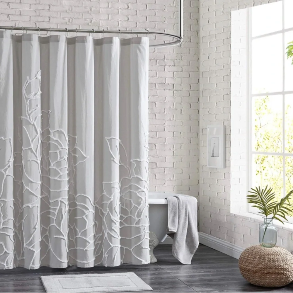 100% Cotton Fabric Shower Curtain 72L x 72W Grey Chenille Rose NWT